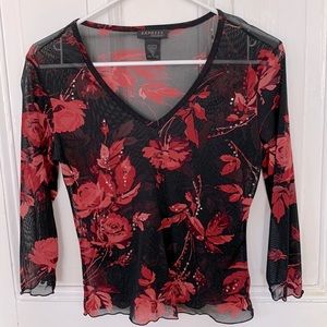 Express mesh top blouse black with pinky mauve flowers and rhinestones. Medium.